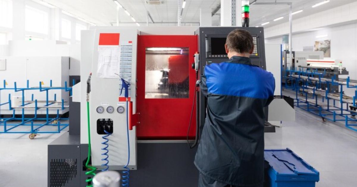 Operator programming a CNC press brake machine in a modern factory.